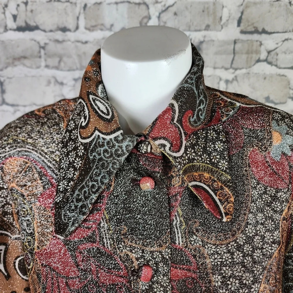 Vintage 1970s Mod Button Front Blouse Swirly Pattern Shimmer Black Brown No Size - Picture 4 of 15